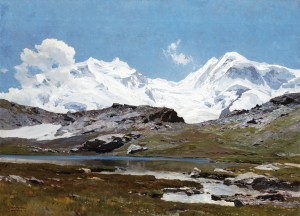 Mountain landscape with lake and snow